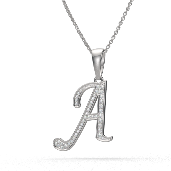 A - "BlueJwel's Italic 'A' Alphabet Pendant in 925 Sterling Silver with CZ Diamonds"