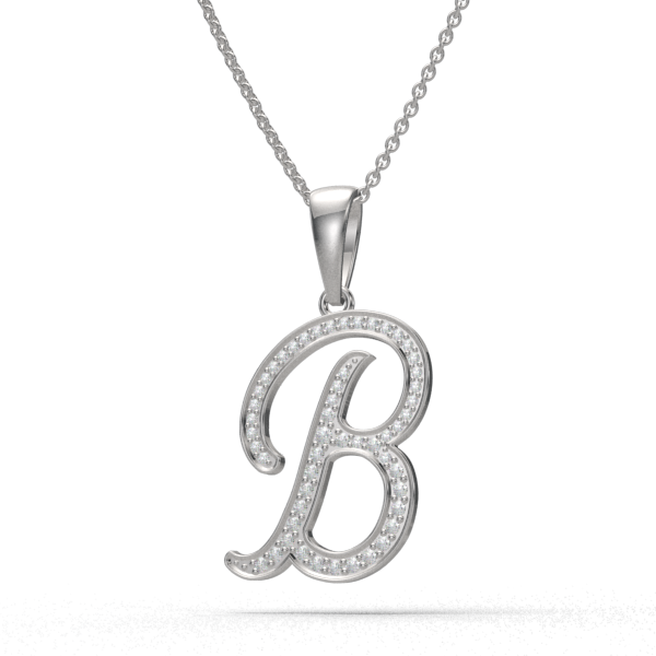 B - "BlueJwel's Italic 'B' Alphabet Pendant in 925 Sterling Silver with CZ Diamonds"