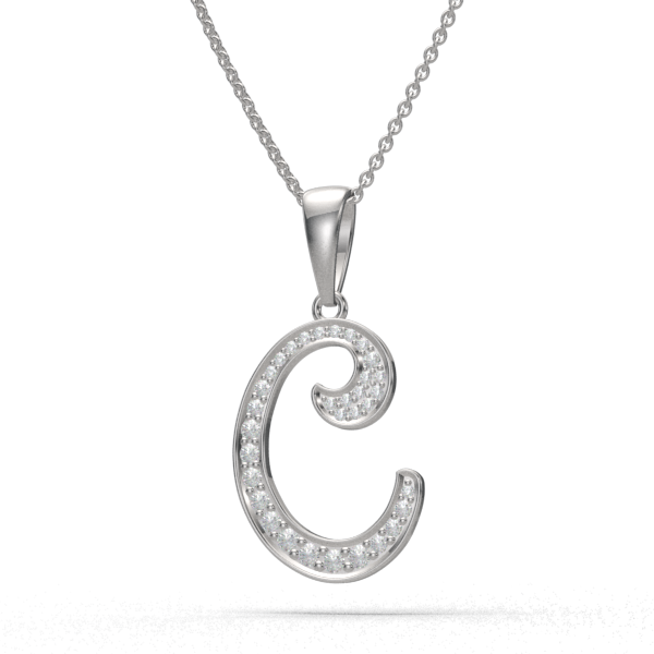 C - "BlueJwel's Italic 'C' Alphabet Pendant in 925 Sterling Silver with CZ Diamonds"