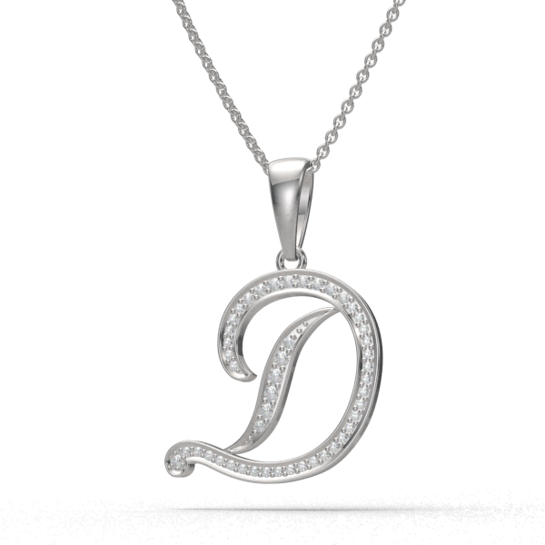 D - "BlueJwel's Italic 'D' Alphabet Pendant in 925 Sterling Silver with CZ Diamonds"