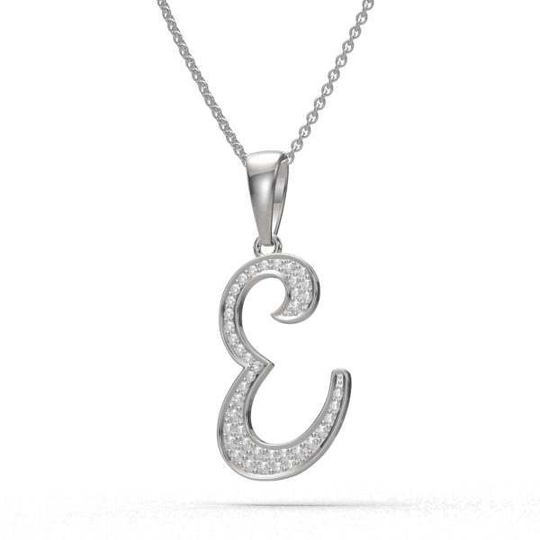 E - "BlueJwel's Italic 'E' Alphabet Pendant in 925 Sterling Silver with CZ Diamonds"