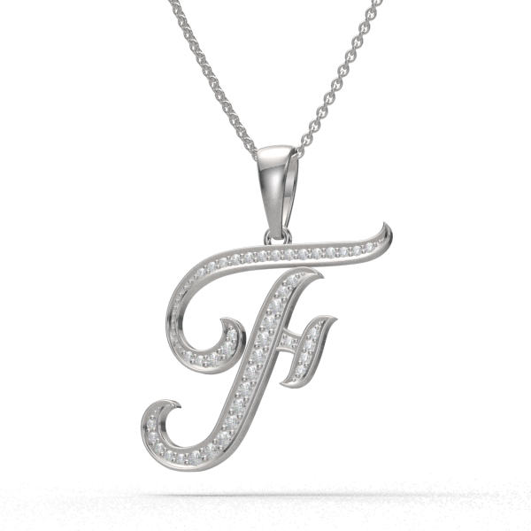 F - "BlueJwel's Italic 'F' Alphabet Pendant in 925 Sterling Silver with CZ Diamonds"