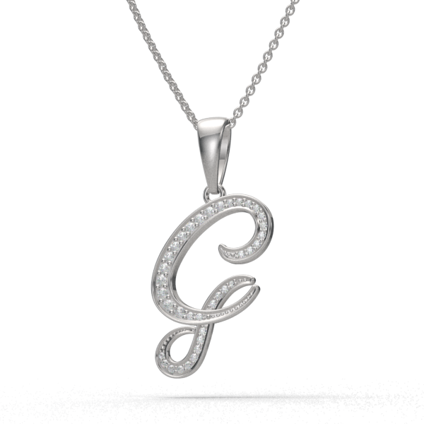 G - "BlueJwel's Italic 'G' Alphabet Pendant in 925 Sterling Silver with CZ Diamonds"