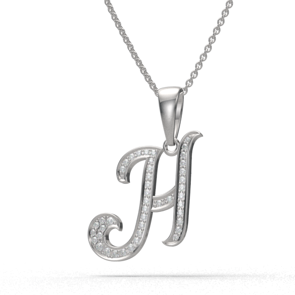 H - "BlueJwel's Italic 'H' Alphabet Pendant in 925 Sterling Silver with CZ Diamonds"