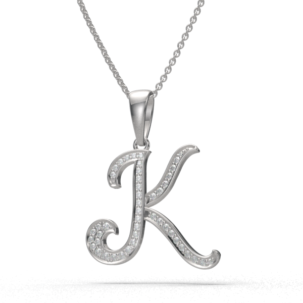 K - "BlueJwel's Italic 'K' Alphabet Pendant in 925 Sterling Silver with CZ Diamonds"