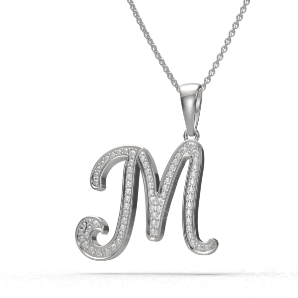 M - "BlueJwel's Italic 'M' Alphabet Pendant in 925 Sterling Silver with CZ Diamonds"