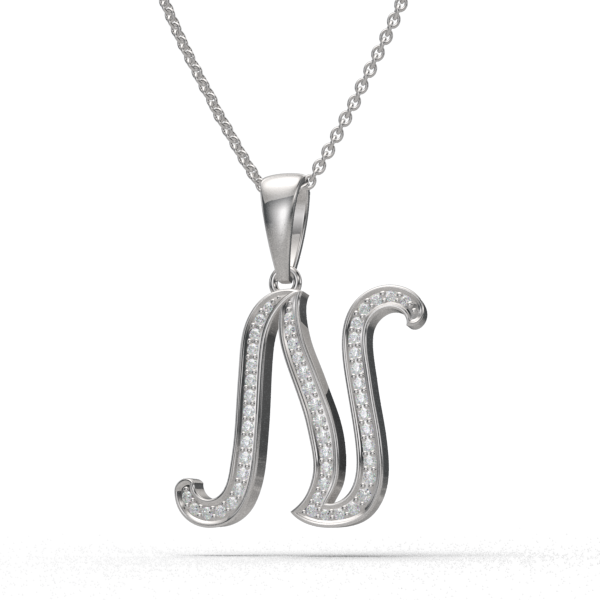 N - "BlueJwel's Italic 'N' Alphabet Pendant in 925 Sterling Silver with CZ Diamonds"