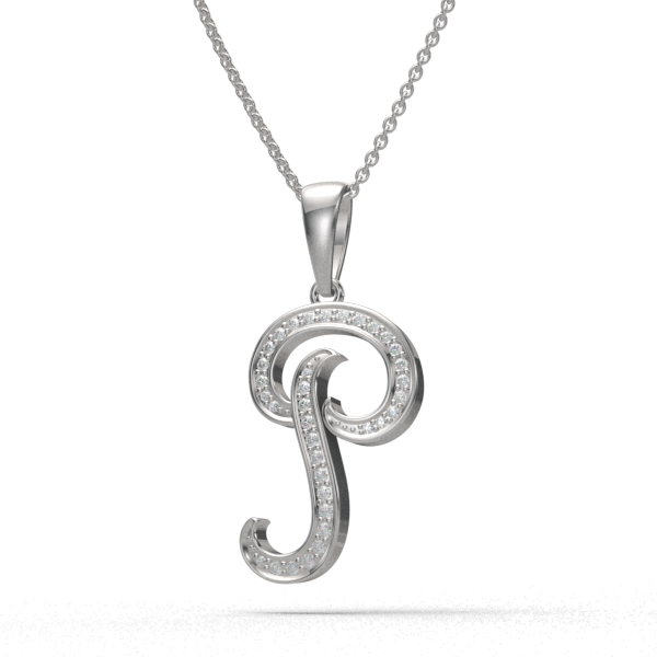 P - "BlueJwel's Italic 'P' Alphabet Pendant in 925 Sterling Silver with CZ Diamonds"