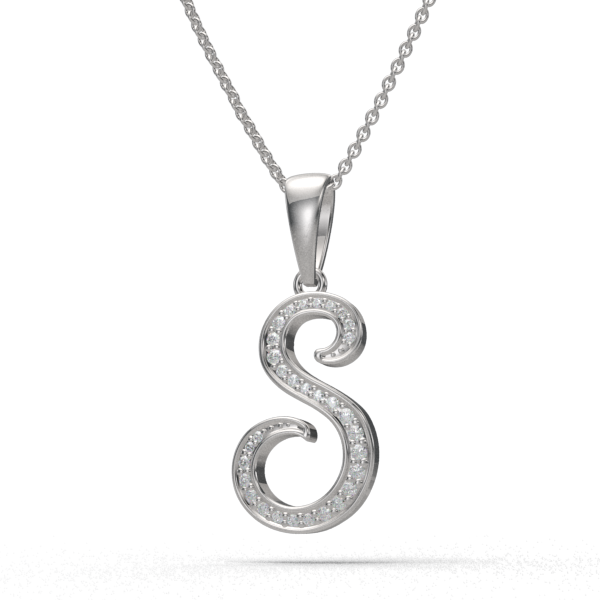 S - "BlueJwel's Italic 'S' Alphabet Pendant in 925 Sterling Silver with CZ Diamonds"