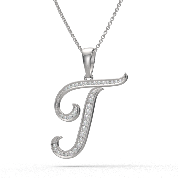 T - "BlueJwel's Italic 'T' Alphabet Pendant in 925 Sterling Silver with CZ Diamonds"