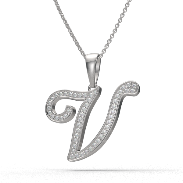 V - "BlueJwel's Italic 'V' Alphabet Pendant in 925 Sterling Silver with CZ Diamonds"