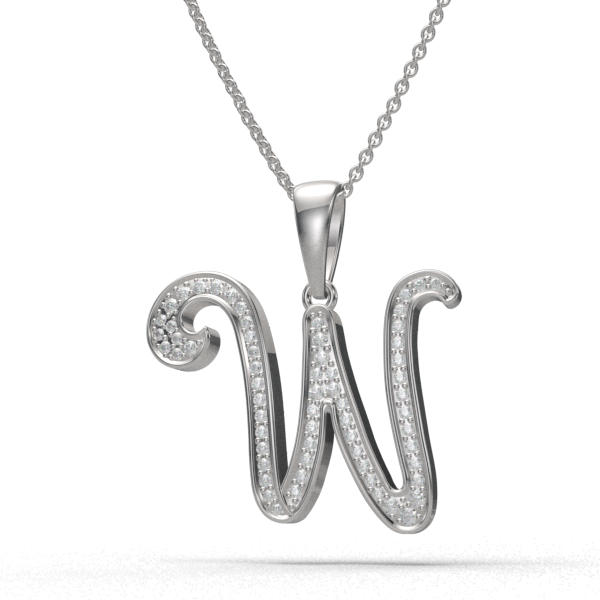 W - "BlueJwel's Italic 'W' Alphabet Pendant in 925 Sterling Silver with CZ Diamonds"