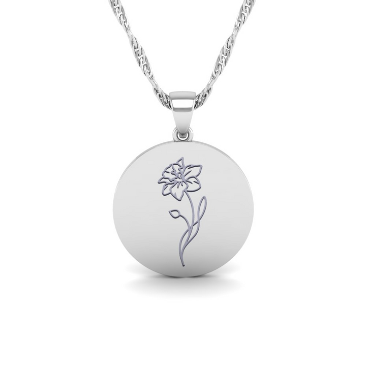 The Super Lucky Silver Pendant with March Birth Flower Daffodil Engraving for Good Luck!"