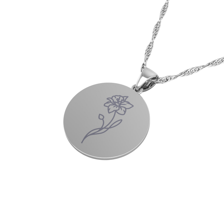 The Super Lucky Silver Pendant with March Birth Flower Daffodil Engraving for Good Luck!"