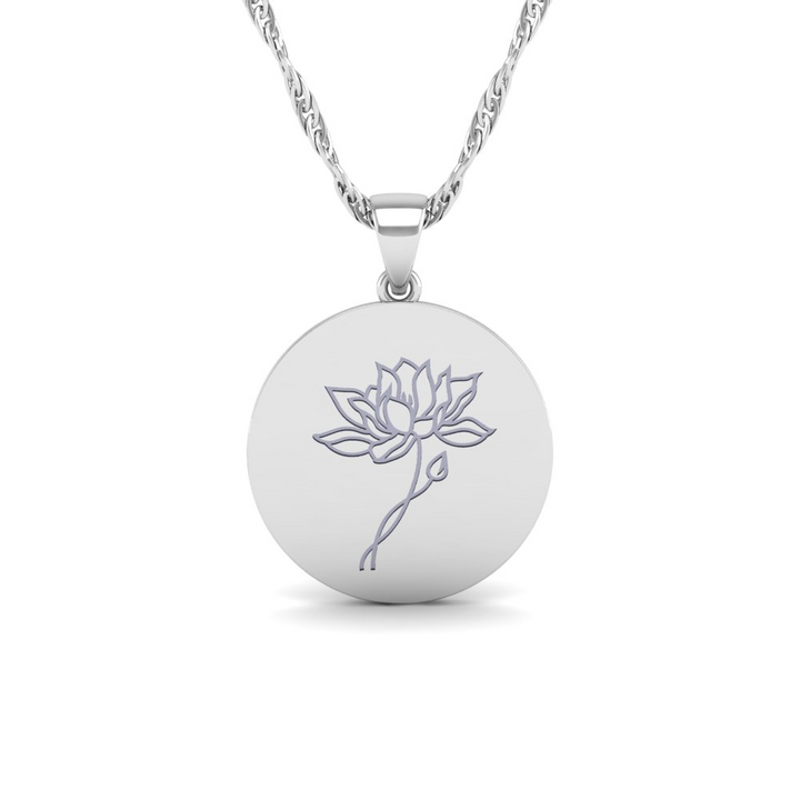 July - The Super Lucky Silver Pendant with July Birth Flower Water Lily Engraving for Good Luck!