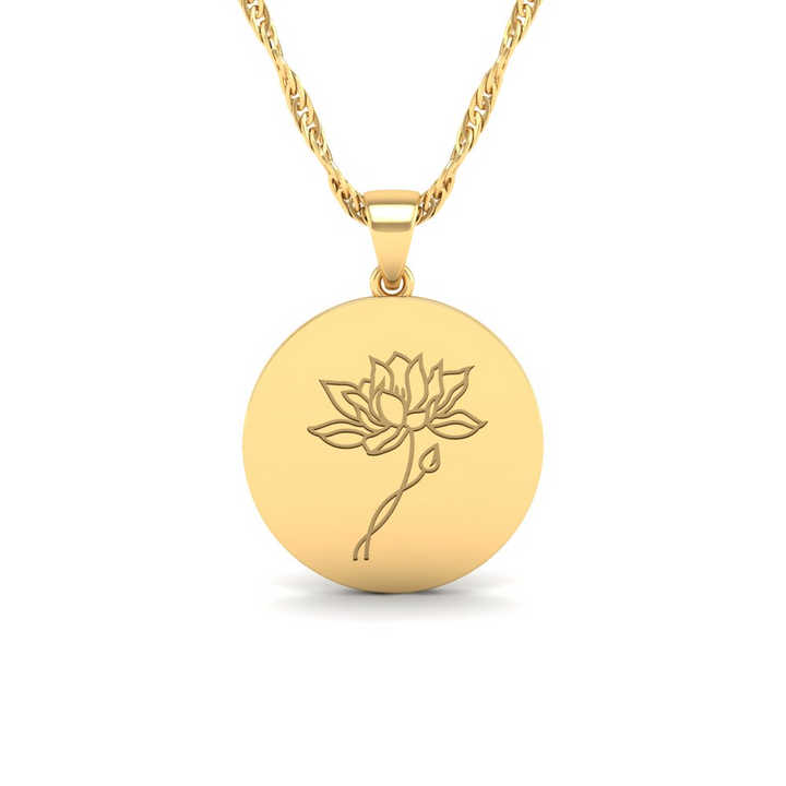 July - The Super Lucky Silver Pendant with July Birth Flower Water Lily Engraving for Good Luck!