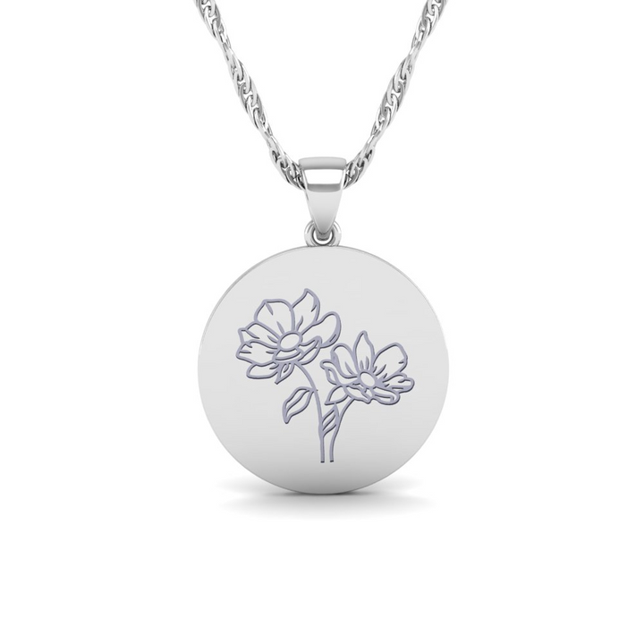 The Super Lucky Silver Pendant with August Birth Flower Poppy Engraving for Good Luck!