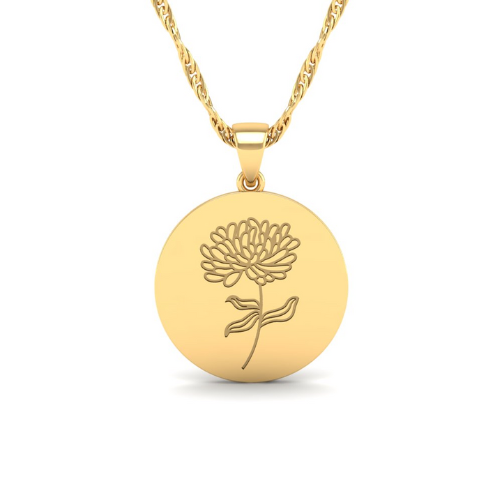 The Super Lucky Silver Pendant with November Birth Flower Chrysanthemum Engraving for Good Luck!