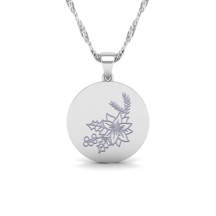 December - The Super Lucky Silver Pendant with December Birth Flower Holly Engraving for Good Luck!