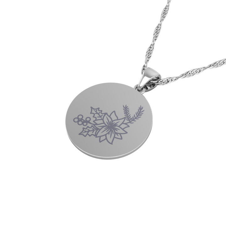 December - The Super Lucky Silver Pendant with December Birth Flower Holly Engraving for Good Luck!