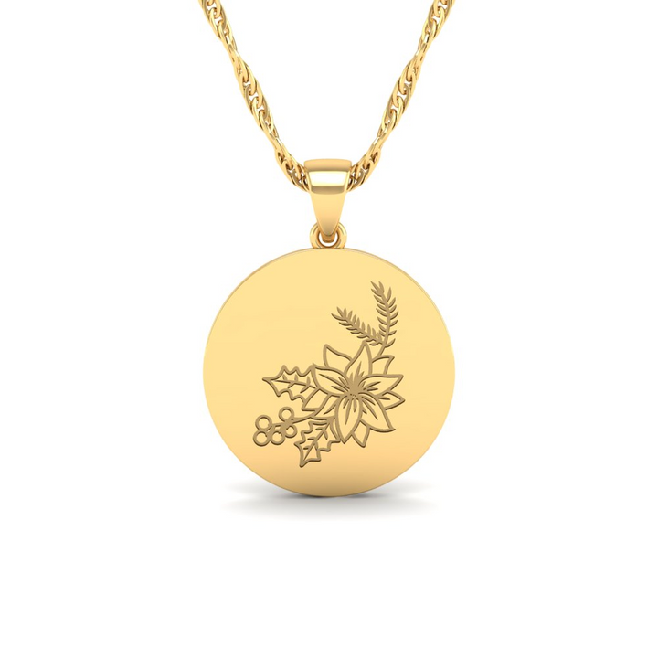 December - The Super Lucky Silver Pendant with December Birth Flower Holly Engraving for Good Luck!