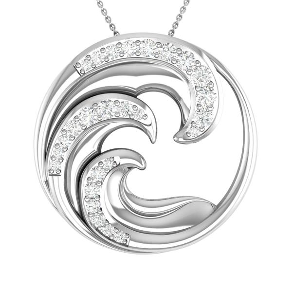 Ocean Wave Circle Pendant in Sterling Silver with CZ Diamonds