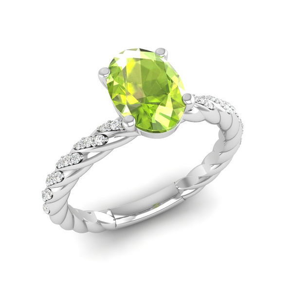 August - Peridot "BlueJwel's Solitaire Oval Peridot Ring with CZ Diamond Accents in Sterling Silver"