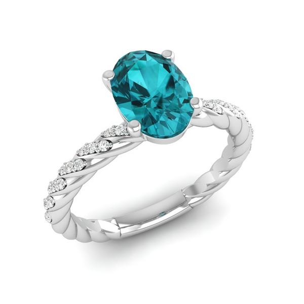 December -Solitaire Oval Turquoise Ring with CZ Diamond Accents in Sterling Silver