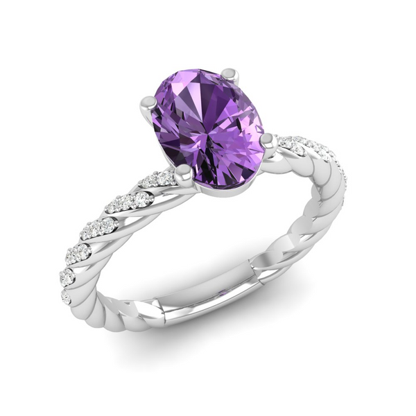 February - Amethyst "BlueJwel's Solitaire Oval Amethyst Ring with CZ Diamond Accents in Sterling Silver"