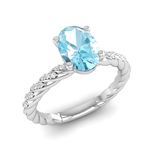 March - Aquamarine "BlueJwel's Solitaire Oval Aquamarine Ring with CZ Diamond Accents in Sterling Silver"