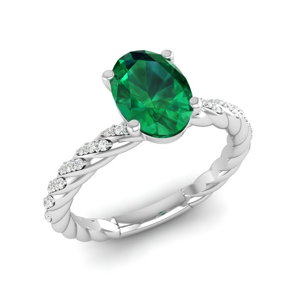 May - Emerald "BlueJwel's Solitaire Oval Emerald Ring with CZ Diamond Accents in Sterling Silver"