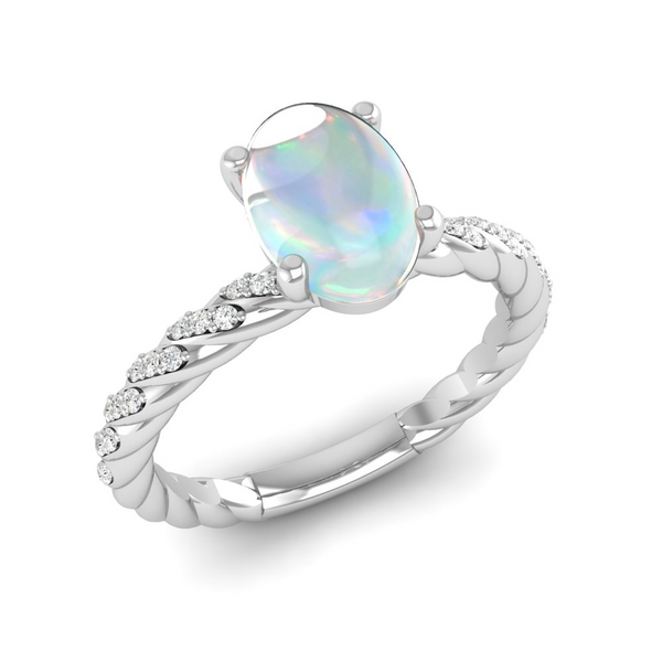 October - Opal "BlueJwel's Solitaire Oval Opal Ring with CZ Diamond Accents in Sterling Silver"