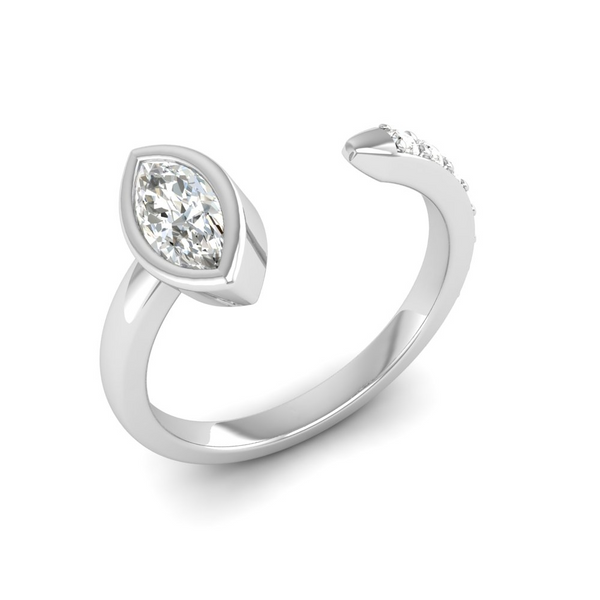 April-Diamond: Diamond - Solitaire in Marquise shape and studded diamonds on the other side, easily adjustable silver ring - Timeless Elegance Defined