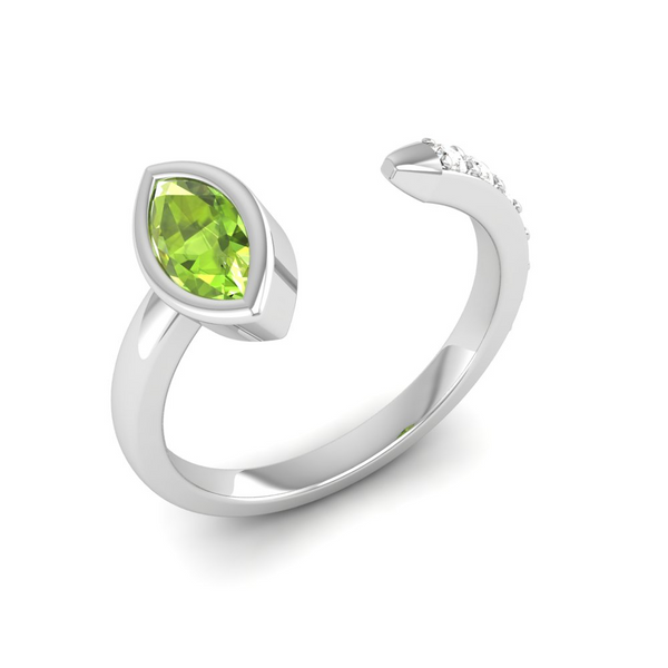 August Peridot - Solitaire in Marquise shape and studded diamonds on the other side, easily adjustable silver ring - Embrace the Warmth of Summer