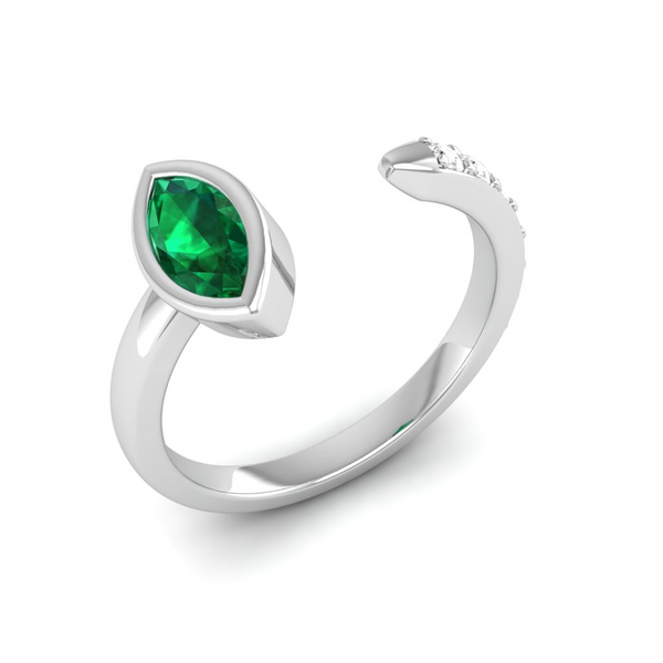 May Emerald - Solitaire in Marquise shape and studded diamonds on the other side, easily adjustable silver ring - Celebrate Life’s Joys