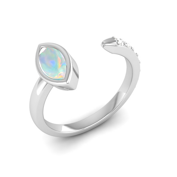 October Opal - Solitaire in Marquise shape and studded diamonds on the other side, easily adjustable silver ring - A Symphony of Colors